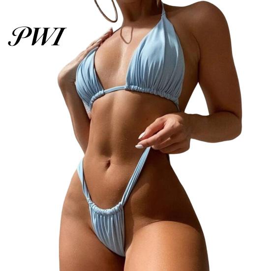 Summer Swimming Suit 2 Pcs/Set Women Bikini Set Pleated Solid Color Lace Up High Waist Bathing Spaghetti Strap Halter Neck Push Water Sports Clothes