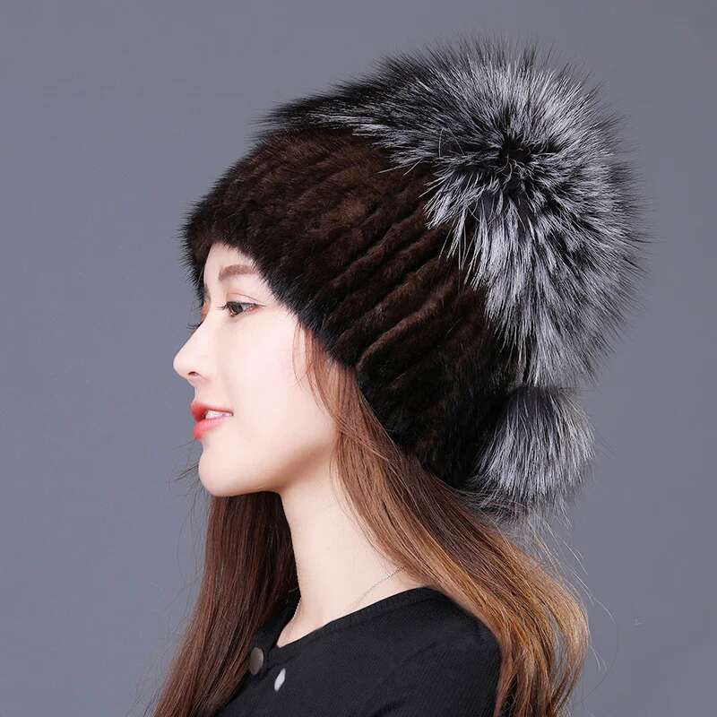 

Mink Fur Hat Women Natural Fur Warm Ear Protection Hat Genuine Fox Fur Beanies Real Fur Cap Female Fluffy Snow Cap With Fur Elastic коричневый