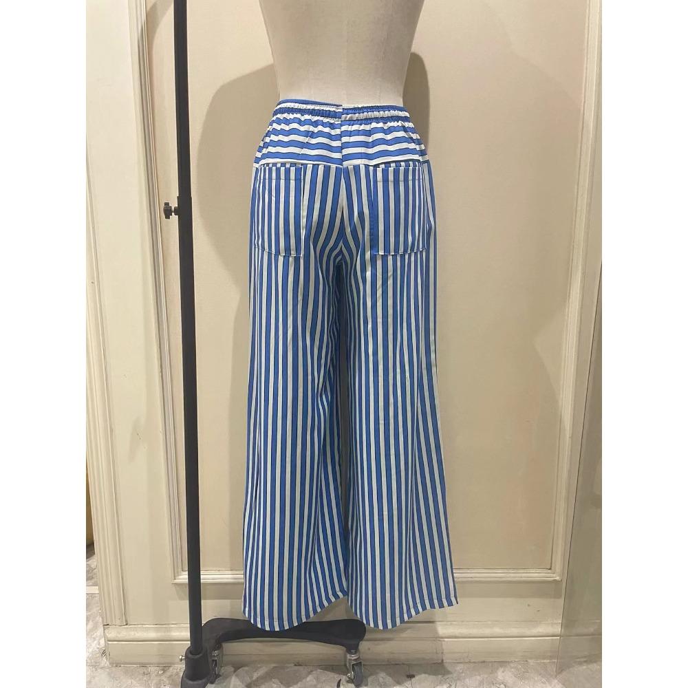 Women’s Drawstring Striped Wide-Leg Casual Trousers – Low-Waisted, Loose-Fitting Trousers