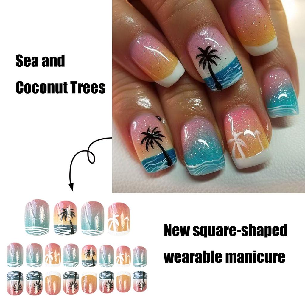 24 Peças Unha Postiça Mar e Coqueiro Verão Unha Artificial Brilhante Cobertura Total Adesivo de Unha Curta Quadrada de Pressão