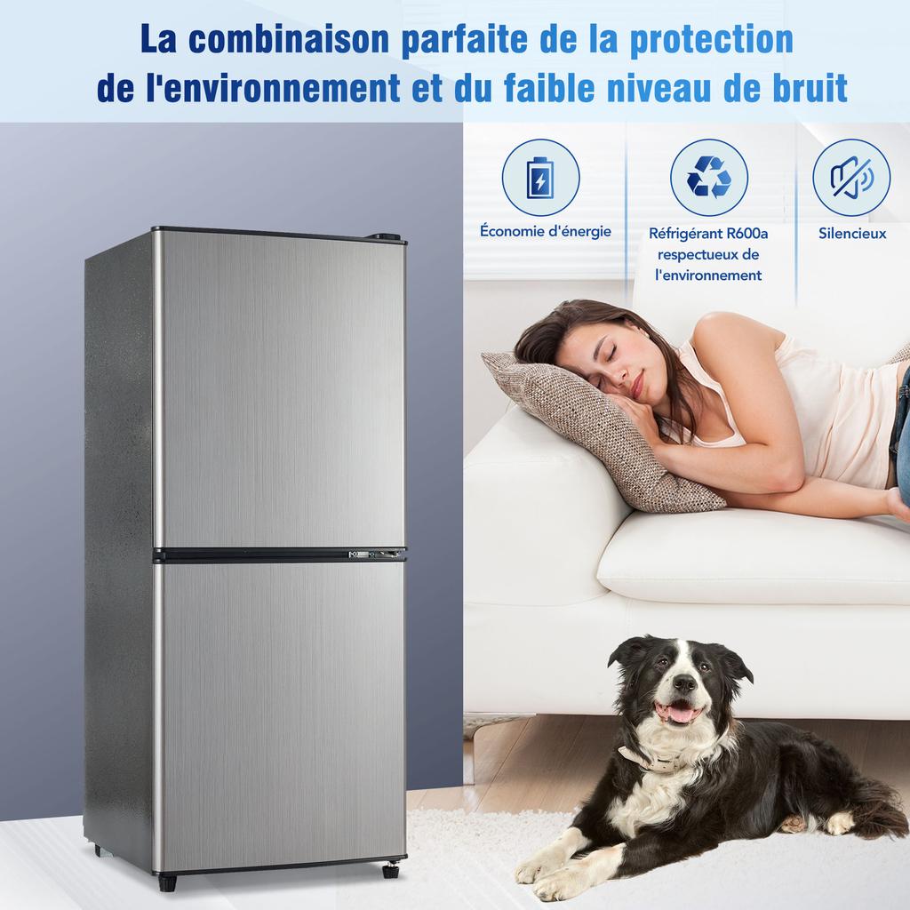 Mini Frigorifero Risparmio Energetico 106L, 60L Frigorifero + 46L Congelatore, 7 Impostazioni di Temperatura, Porta Argentata + Corpo Nero, Illuminazione LED, 166 kWh/Anno, 45 dB
