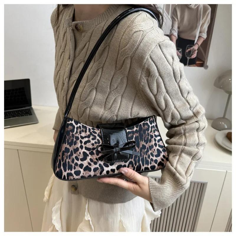 Retro Leopard Print PU Leather Women's Shoulder Bags Fashi Versatile Ladies Underarm Bags Simple Bowknot Female Handbags