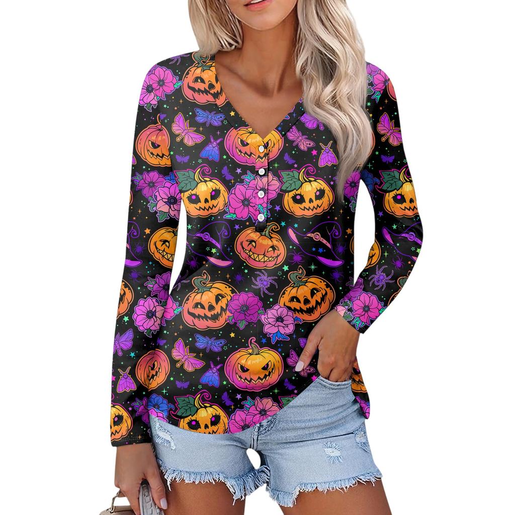 Women's Casual Fashion Sexy Comfort Halloween Printed V-Neck Button Long Sleeve