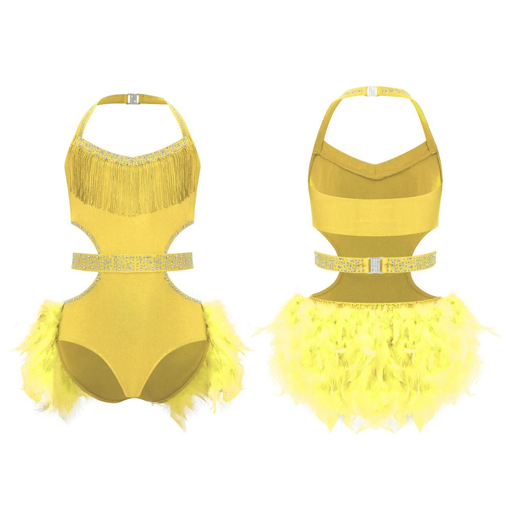 Girls Latin Dance Costume Sparkly Rhinestones Halter Leotard with Feather Skirt for Performance