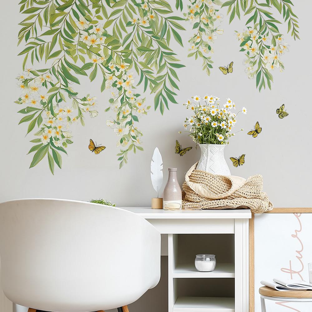 Fresh Green Leaves, Tree Branches, Small White Flower Butterflies, Living Room Home Wall Background Beautification Wall Stickers