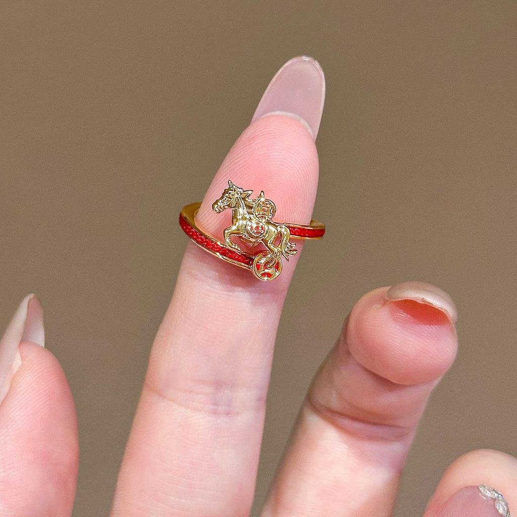 High-End Exquisite 2026 Year of the Horse Zodiac Red String Ring for Girls - Chinese Style Adjustable Finger Ring