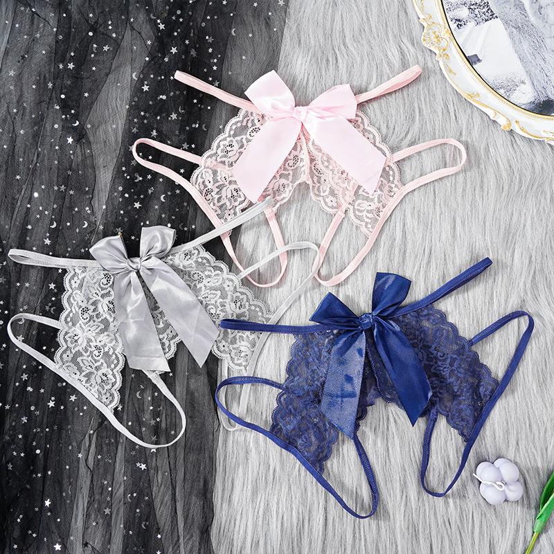 Women's Hollow Open Crotch Panties Bow Lace Erotic Pants Sexy Lingerie Underpants