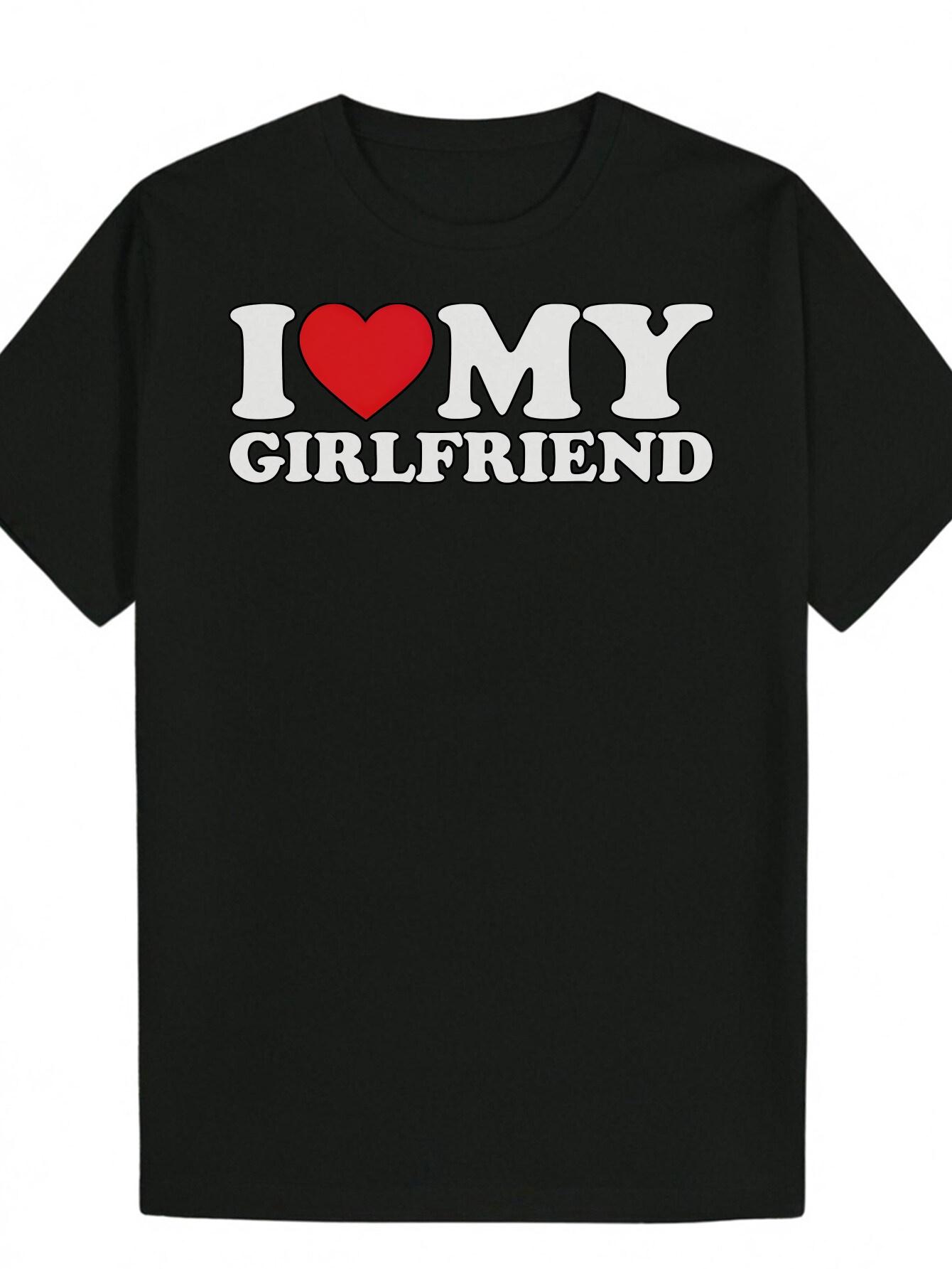 Black T-shirt with I Love My Girlfriend Heart Design - Casual Polyester Crew Neck S