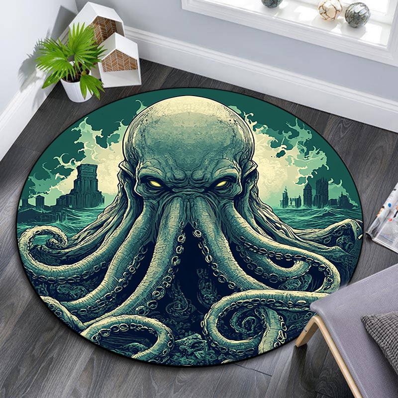 Green Octopus Round Area Rug,Carpet Rug for Living Room Bedroom Sofa Playroom Decor,Non-slip Floor Mat