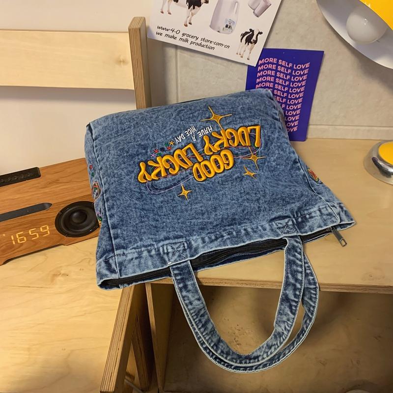 Большая вместительная холщовая сумка женская стираная джинсовая сумка-тоут студенческий — фото 13