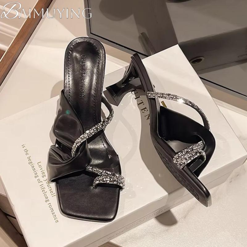 Luxury Crystal High Heels Slippers Women Clip Toe Sandals Square Toe Shoes 2025 Summer Flip Flops Sexy Chunky Shoes Woman Pumps