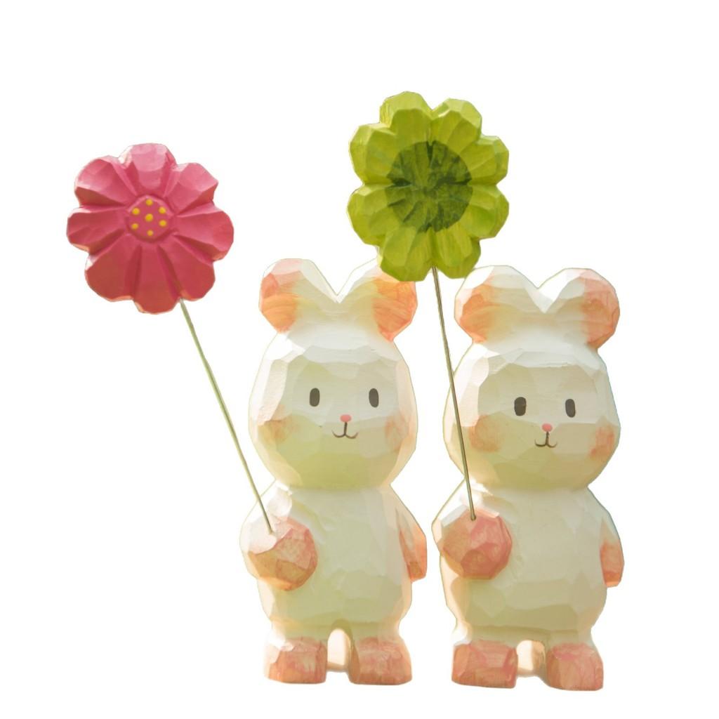 Wooden Bunny Handheld Decor With Small Flowers For Home Office And Car Tabletop Display