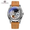 FORSINING Automatic Men Watch Mechanical Bridge Skeleton Transparent Luxury Vintage Cushion Case Suede Leather Male Dress Watch