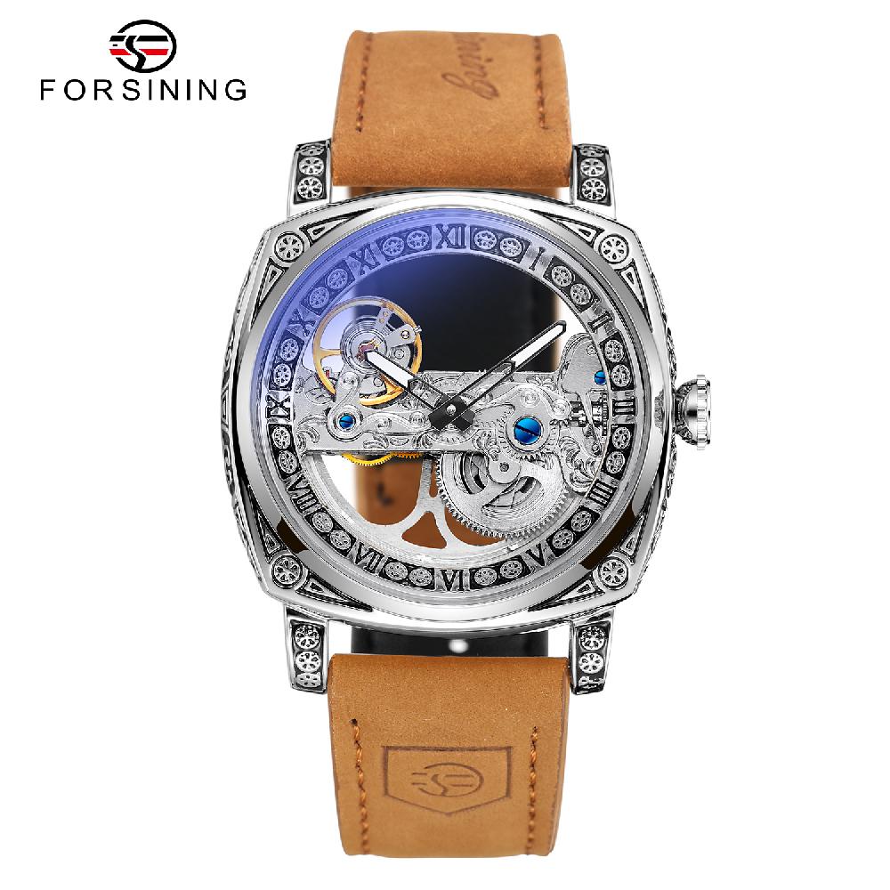 FORSINING Automatic Men Watch Mechanical Bridge Skeleton Transparent Luxury Vintage Cushion Case Suede Leather Male Dress Watch