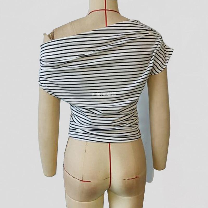 Women's Summer Slant Neck Striped Spice Girls Slim-fit Off-the-shoulder Short-sleeved T-shirt
