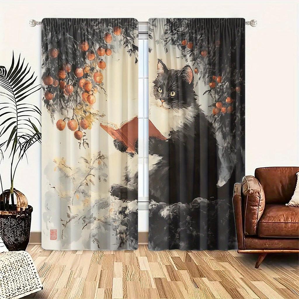 2Pcs Artistic Cat Reading Print Blackout Curtains, Polyester Rod Pocket Drapes For Bedroom, Living Room, Office - Fade-Resistant