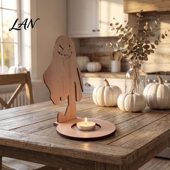 Small Tealight Display Halloween Wooden Candle Holder, Silhouette Ghost/Bat/Scarecrow/Bat Ghost Decor Holder for Home Table Fireplace Black Cat Base