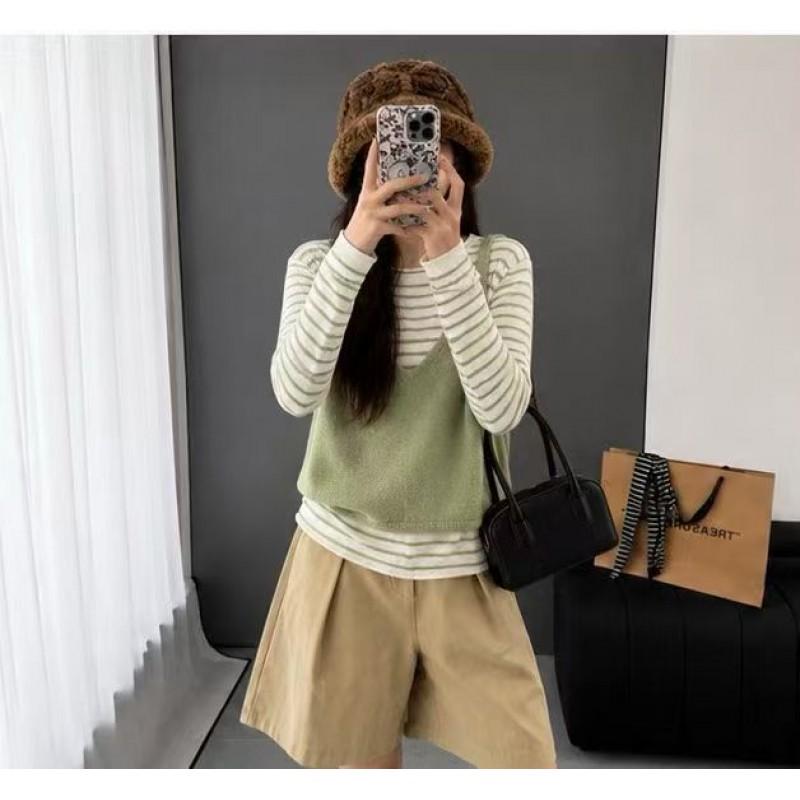 Womens Striped Knit Top Fake 2 Piece Long Sleeve V Neck Loose Fit Early Casual Sweater