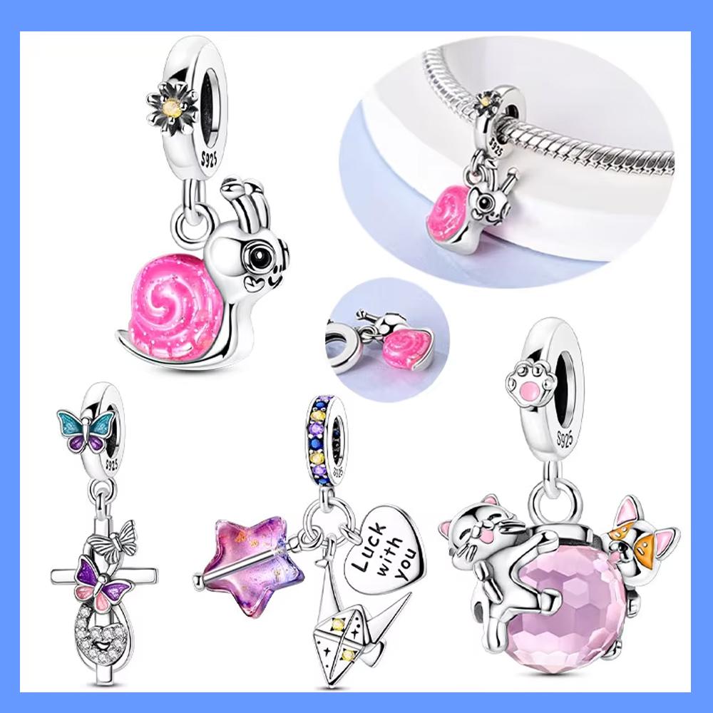 Cute Copper Charms Pink Cat And Dog Playing Snail Charms Beads Pendant Fit Original Bracelet Diy Jewelry For Women