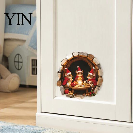 Christmas Mouse Wall Decals Hole Sticker, Decal, Self Adhesive Indoor Decor Cute Mice Sticker for Living Room Bedroom Nursery Festive Staircase Corner