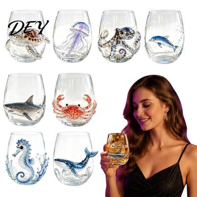 Handcrafted Artistic Glassware Octopus Glass Tumbler, 350ml Stemless Wine Glass, Whale Dolphin Turtle Sea Creature Cup Drinking Cup, for Ocean Lovers