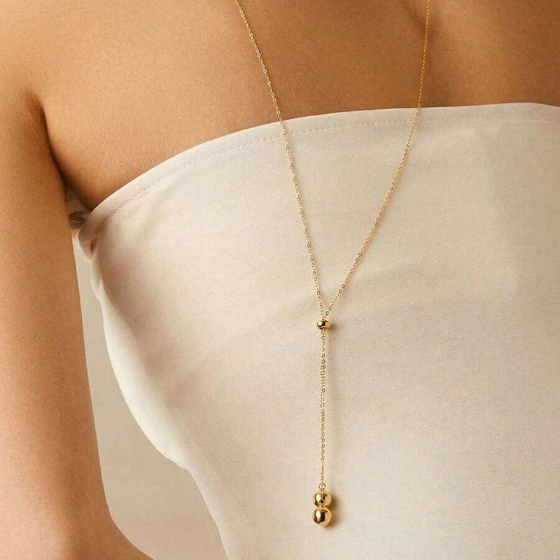 Korean Stainless Steel Y-Shaped Long Tassel Pendant Necklace for Women Simple Metal Ball Adjustable Sweater Chain Jewelry Gift