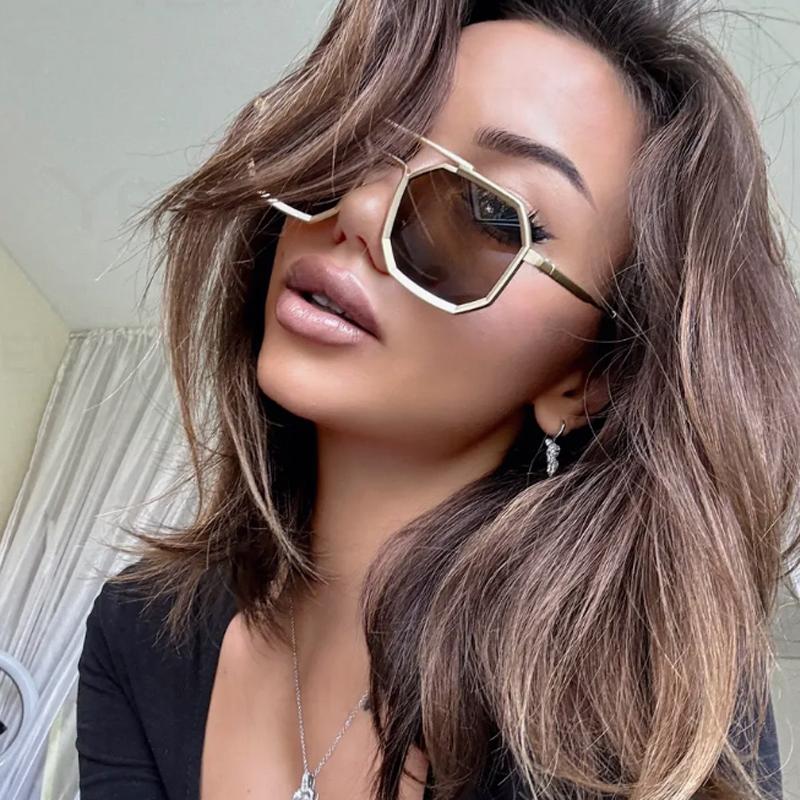 1/2pcs New Double Beam Metal Large Frame Polygon Sunglasses Fashion Women Men Sun Glasses Black Brown Mirror Eyewear UV400