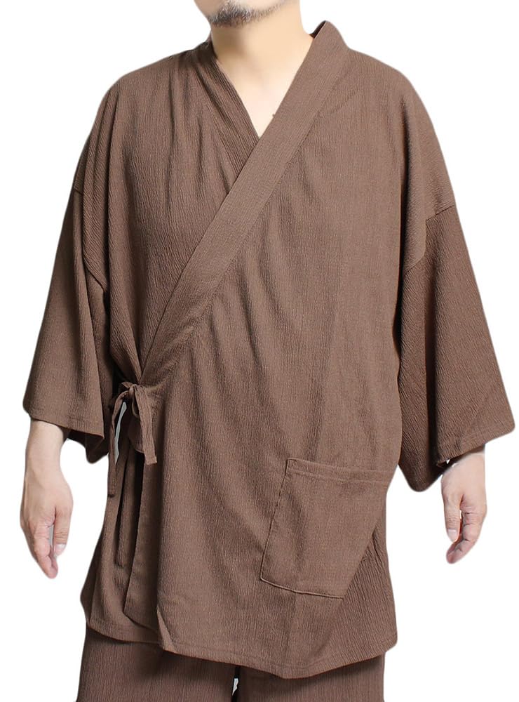 One Colors Men's Jinbei Pajama Set, Japanese Pattern, Top and Bottoms, Solid Shijira Weave, Cool and Comfortable, Size L, Mocha