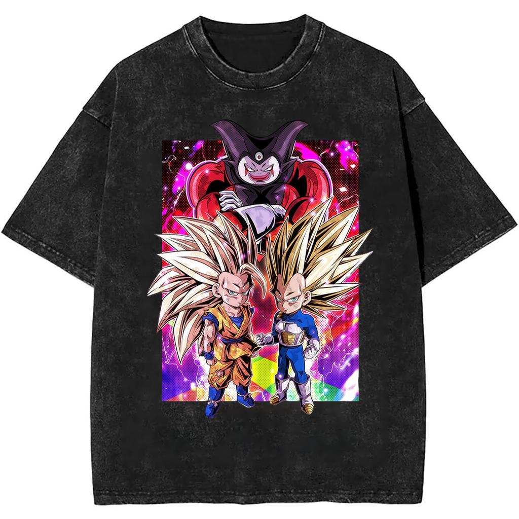 Summer Dragon Ball Vintage T-Shirt Heavyweight Washed Oversized Unisex Anime Vegeta & SSJ4 Goku Graphic Retro