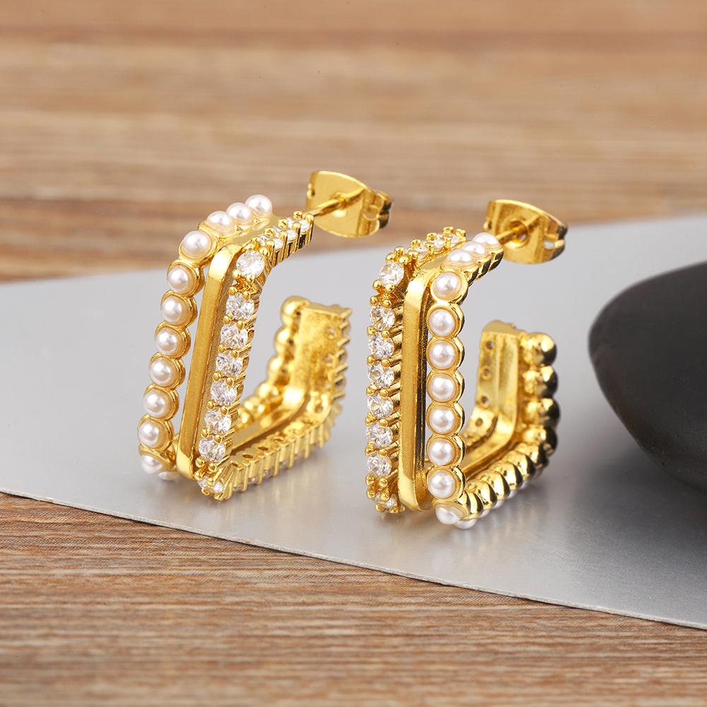 

Nidin New Popular Waterdrop/C Shape Light Luxury Stud Earrings For Female Pave Pearl Ear Jewelry Wedding Party Fashionable Gifts