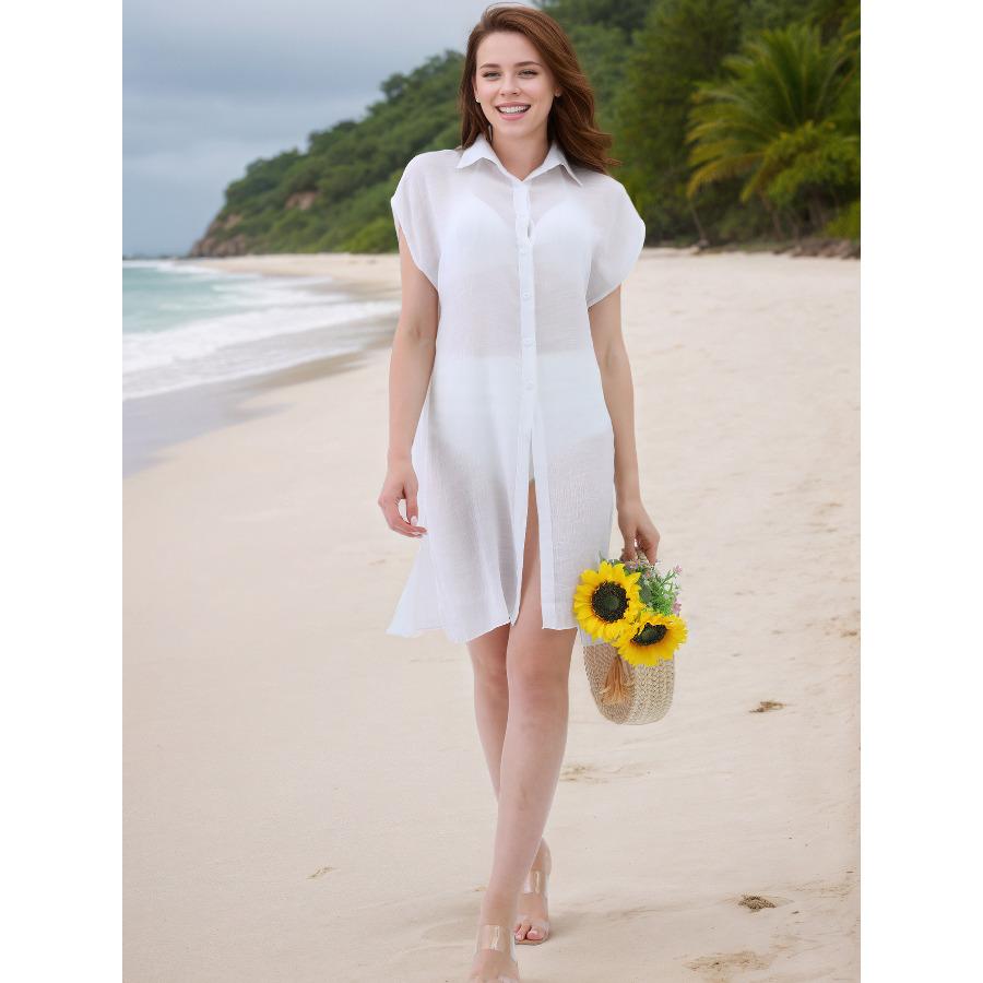 

Women s Solid Color Loose Shirt Dress Flowy Long Button Down Tunic, Beach Cover Up Robe 1009 One size fits all білий