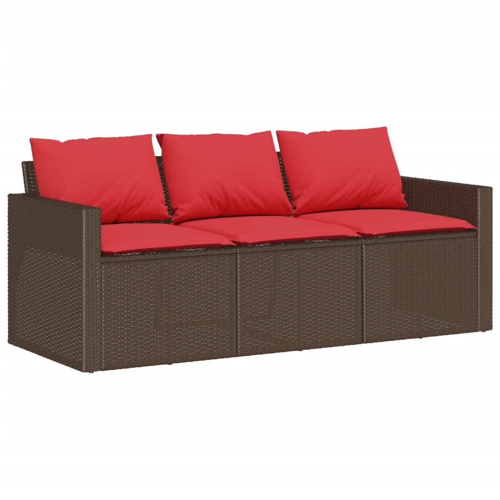 Garden Sofa with Cushions 3 Seater Brown Poly Rattan