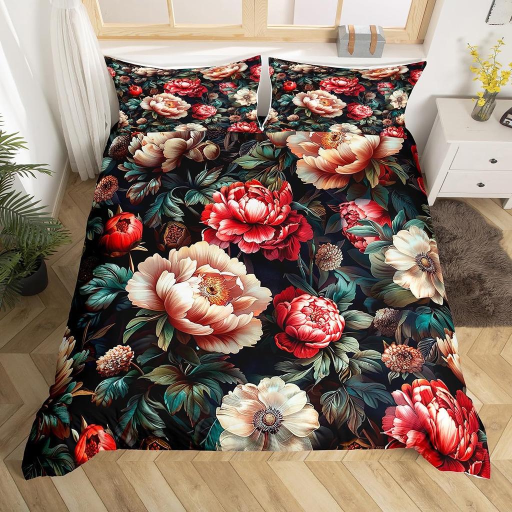 Comforter Peony Groovy Flower Floral Vintage Victorian Botanical Bedding Set Garden Petals Pastoral Plant Bed Set