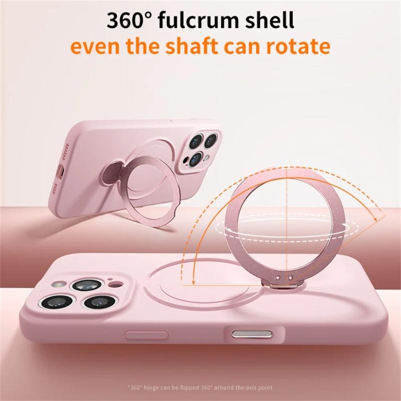 Magnetic Bracket Phone Case For iPhone Air 17 16 15 14 13 Pro Max for Magsafe Liquid Silicone 360°Rotate Metal Ring Stand Cover