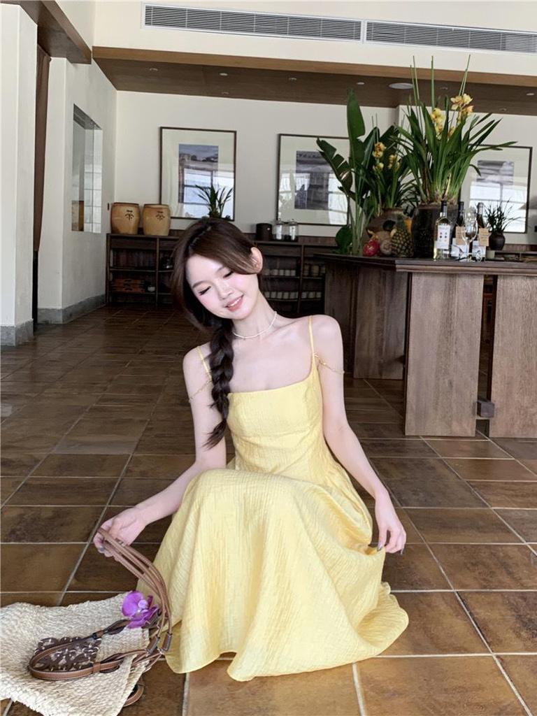 Women's Yellow Spaghetti Strap Summer Maxi Dress