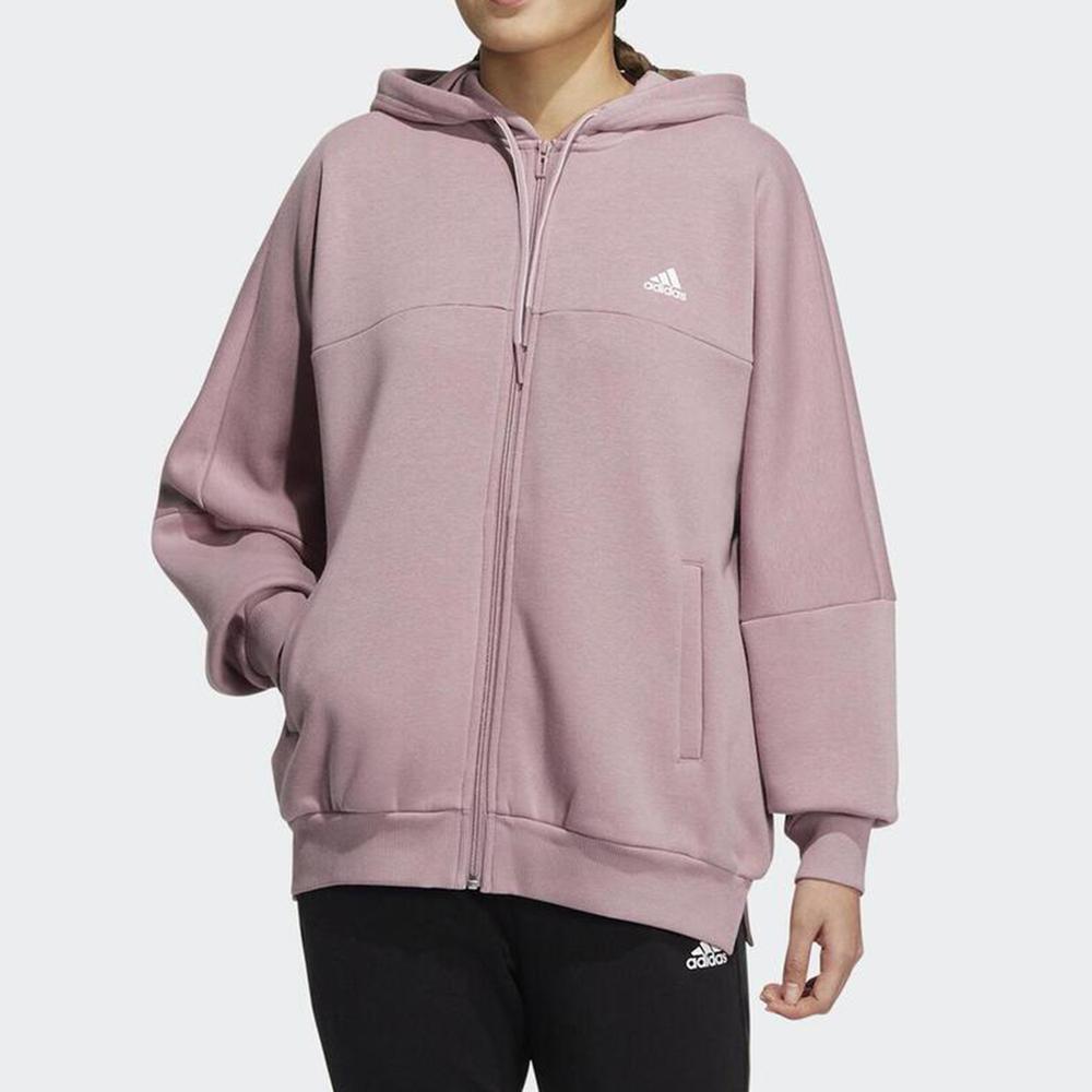 Adidas Striped Logo Patch Hooded Jacket, Women Long Sleeve Casual Sports Magic-Purple Pink Outerwear HM2811