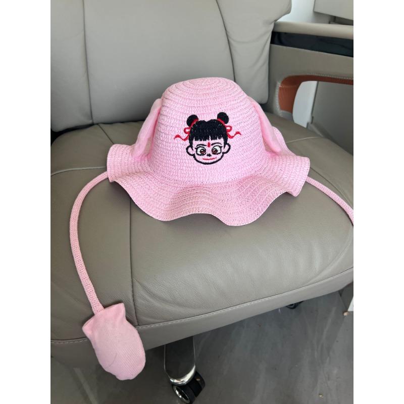 Moving Rabbit Ears Straw Hat Cute Cartoon Children's Hat Summer Outing Visor Fisherman Hat