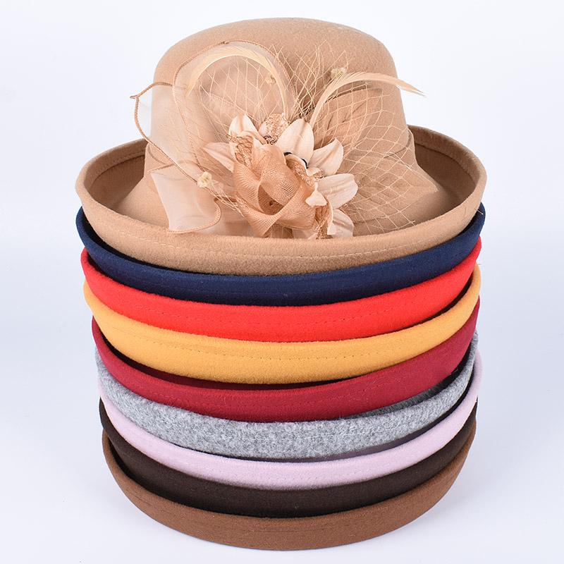 Elegant Women'S Hats Fashion  Winter Bowler Fedora Ladies Wool Round Hat Autumn Vintage Party Fedoras Church Felt Top Hat