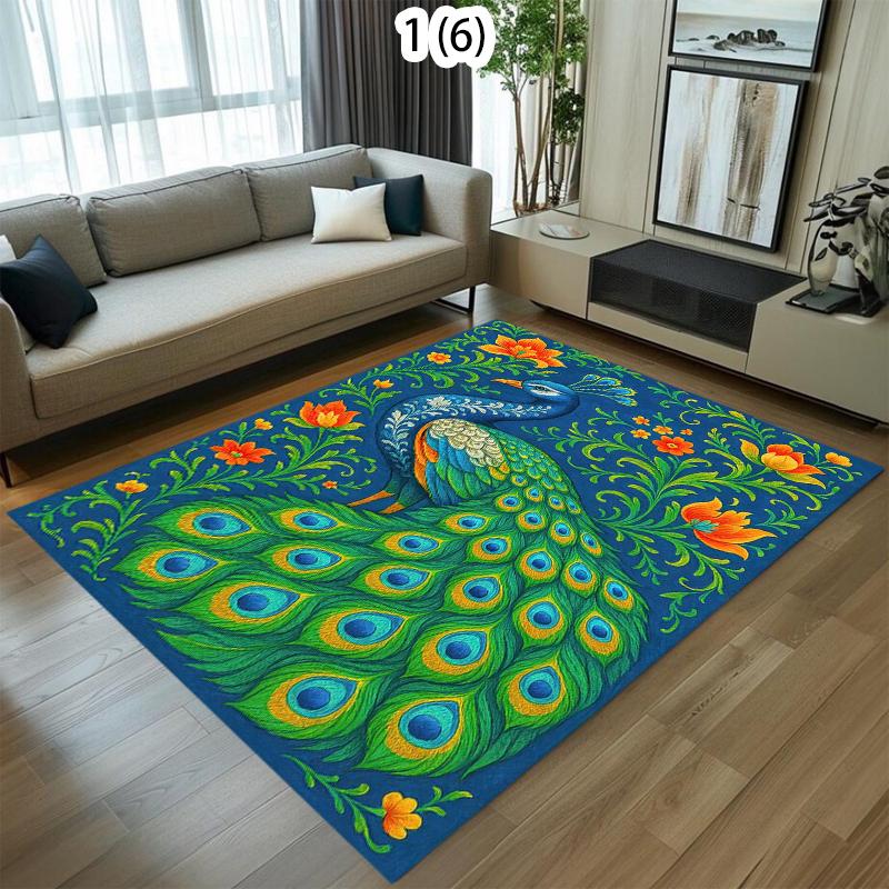 Luxury Peacock Print Carpet Non-slip Washable Large Area Rug Bohemian Style Floor Mat for Home Decor with Exotic Floral Motif