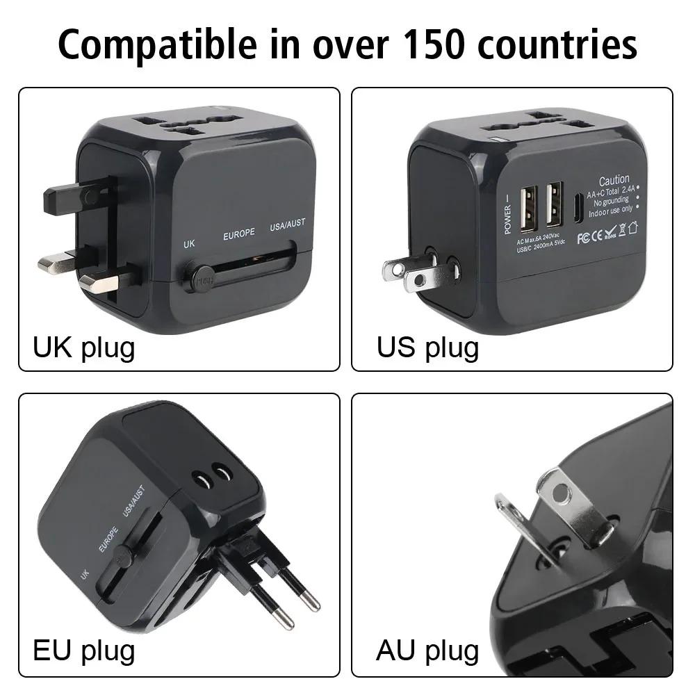 All-in-One Reiseadapter Wandladegerät 6A für US EU UK AU mit 2 USB-Anschlüssen und 1 Typ-C-Universalstecker