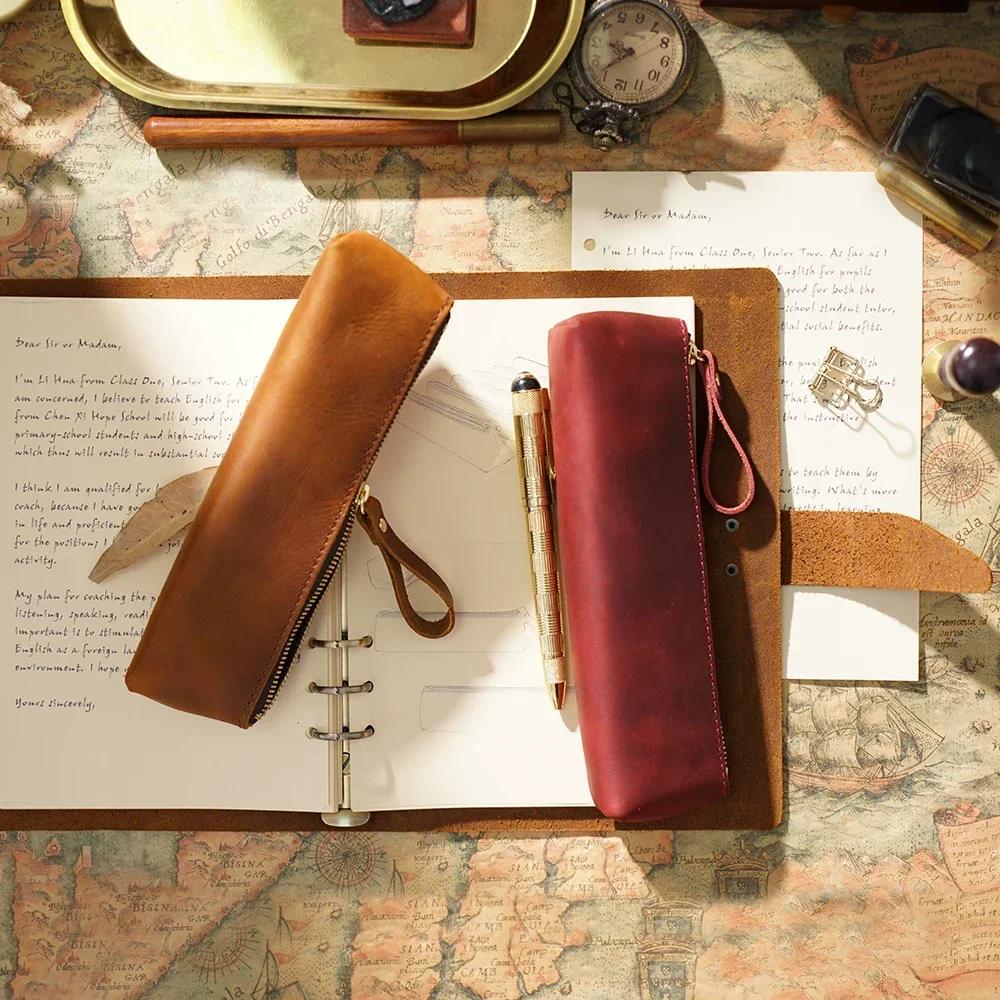 Genuine Leather Zipper Pen Case Pencil Bag Large Capacity Vintage Crazy Horse Leather Handmade Creative School Stationary