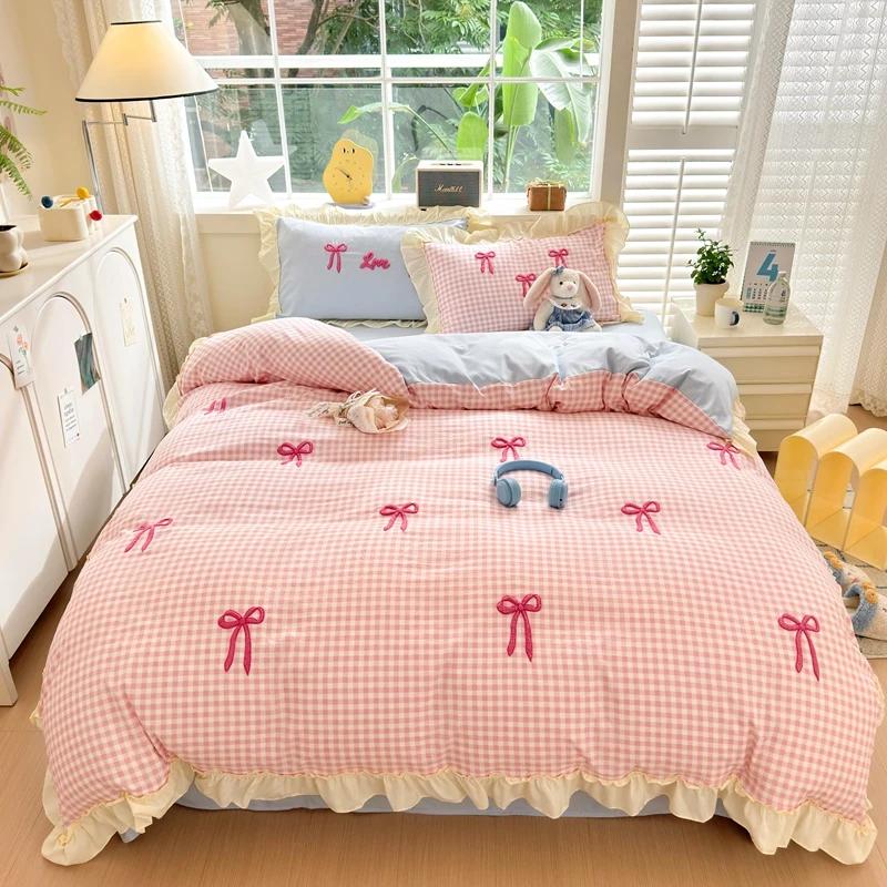 Classic Plaid Duvet Cover, Soft Lace Bedding Set, Bow Design Skin-friendly Quilt Cover, 2 Pillowcases with Different Patterns
