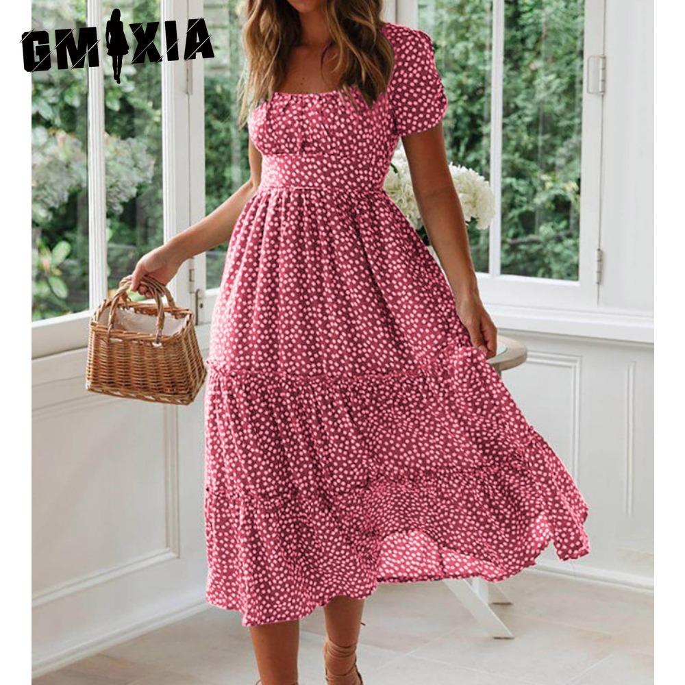

GMXIA Летнее платье Love в горошек для женщин, повседневное платье-трапеция с коротким рукавом, квадратным воротником и оборками, шифоновое платье миди красного, черного, синего и зеленого цвета XL розовый