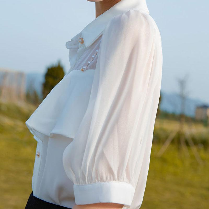 Korean Solid Color Shirt Stylish Pearl Chain Office Lady Summer New Ruffles Spliced Female Chic Single-breasted Polo-Neck Blouse