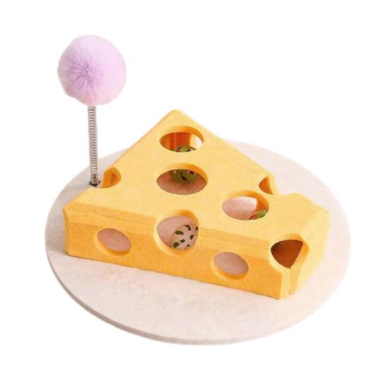 Cheese Shape Cat Toy with 7 Holes, Felt Cat Toy with Bell Balls and Spring Teaser Stick, Interactive Hide-and-Seek Maze for Cats, Cat Maze Toy for жёлтый