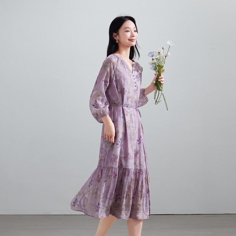 SOFSIL Women s Floral V-Neck Lantern Sleeve Midi Dress M