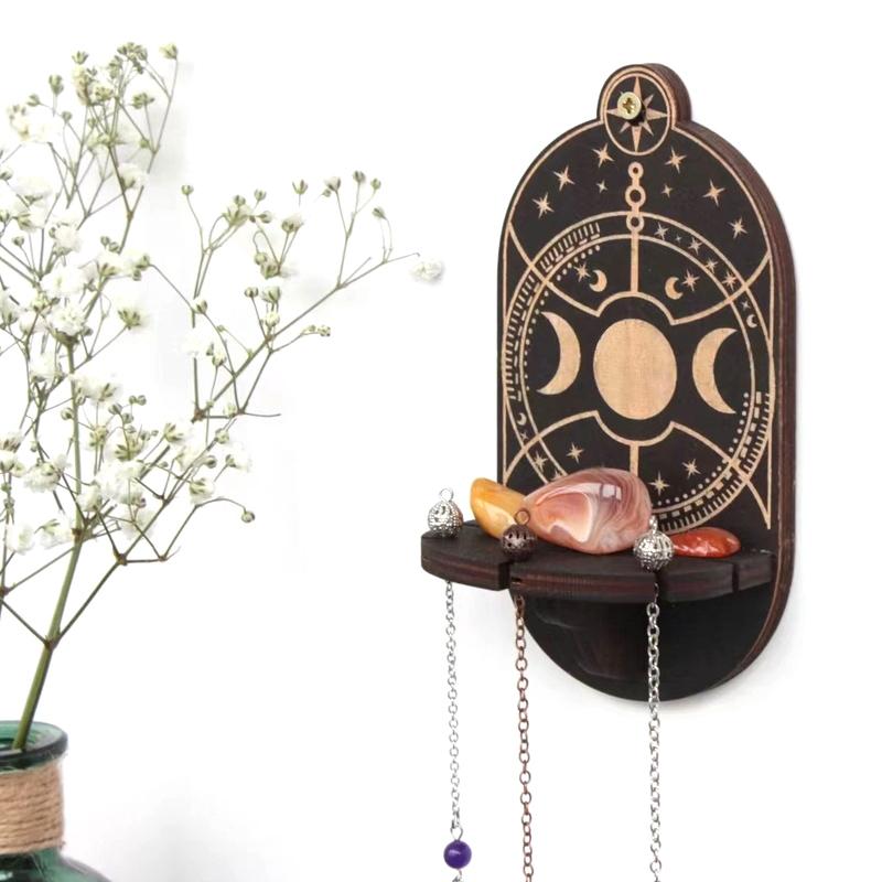 Crystal Shelf Display Wall Stand Wooden Carving Pattern Home Candle Holder Craft Display Stand Boho Style Crystal Hanging Stand