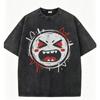 Edgy Graffiti Heart Face Washed Black Tees Evil Smiling Winking and Angry Prints for Grunge Oversized T Shirt