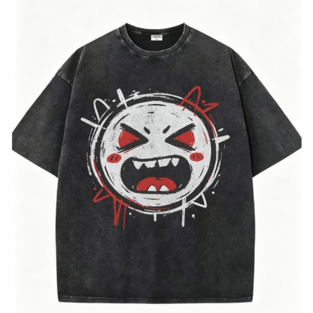Edgy Graffiti Heart Face Washed Black Tees Evil Smiling Winking and Angry Prints for Grunge Oversized T Shirt