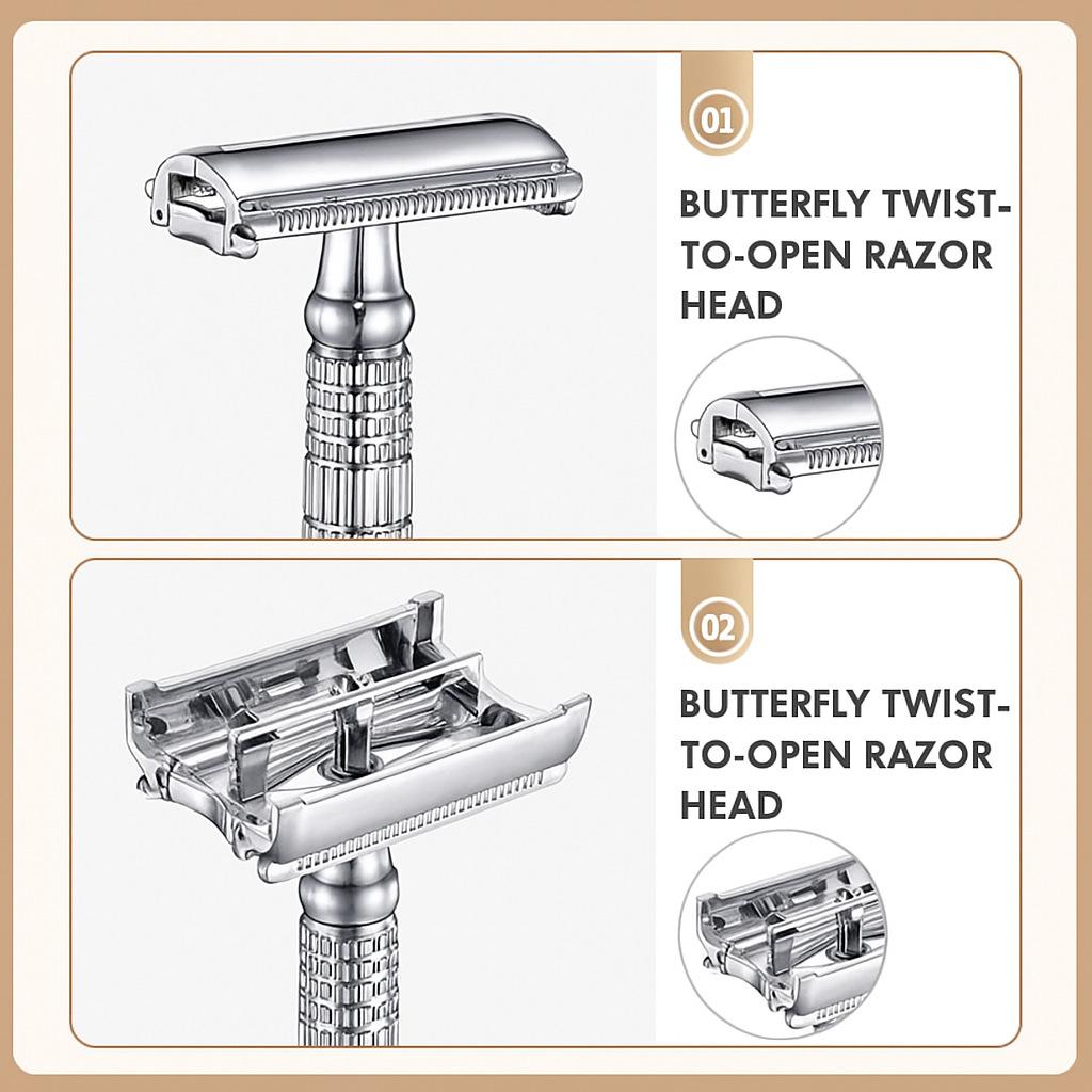 Double Edge Safety Razor Old-fashioned Metal Shaver Beard Barber Wet Shaving Twist Open for Men Women With 5 Blades and Mirror